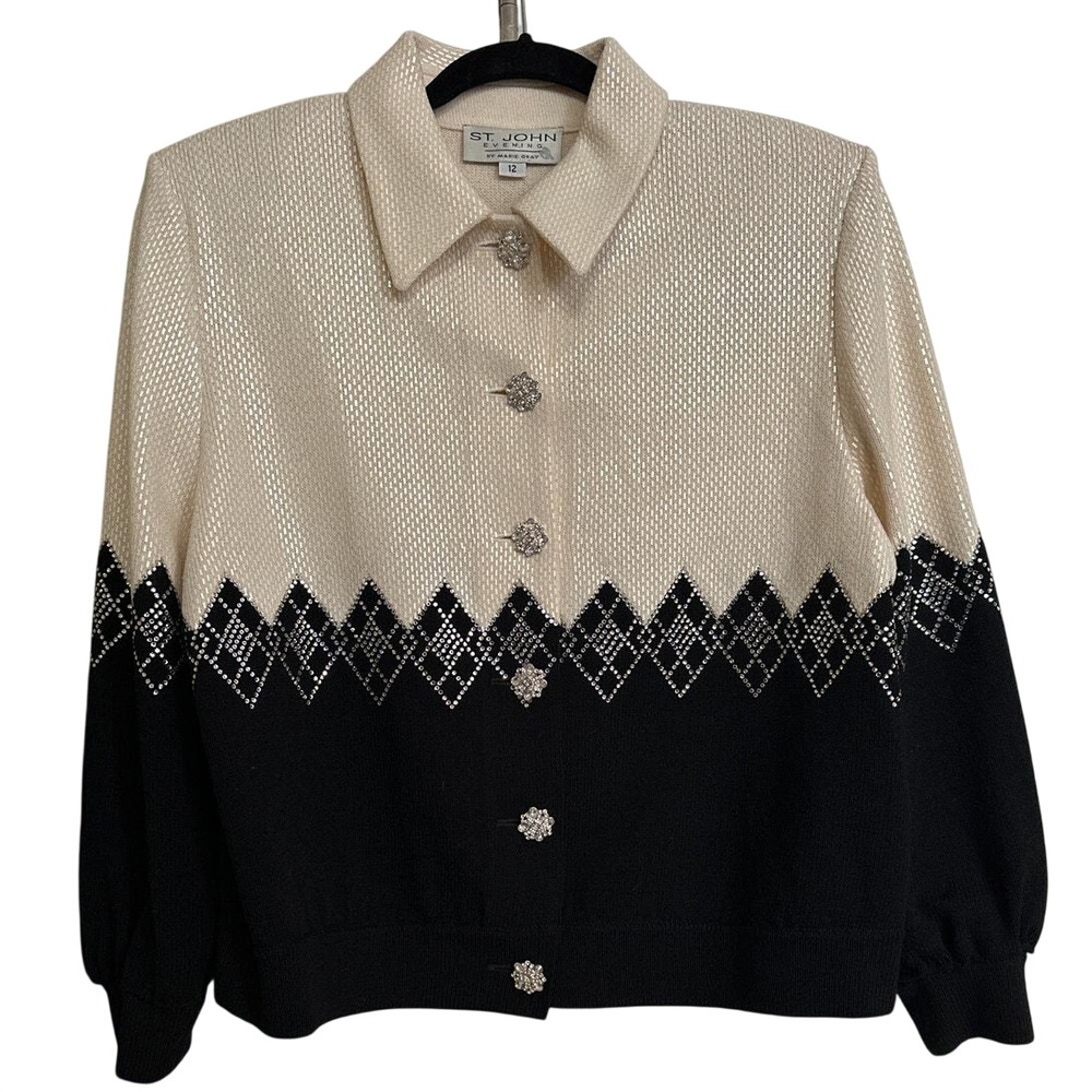 St. John Evening Marie Gray Santana Knit Jacket Crystal Argyle Sz 12 Black Cream